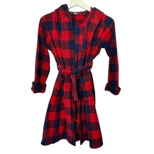 Lands End Fleece Red & Navy Blue Buffalo Plaid Hooded Front Tie Robe Youth 8 New - Picture 1 of 5