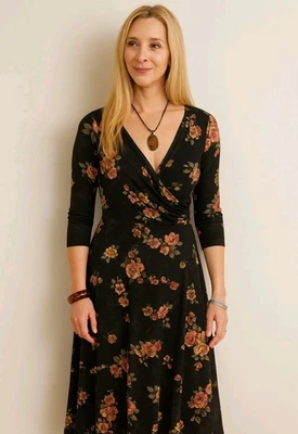 VTG Black Faux Wrap 3/4 Sleeve Maxi Dress Floral Size 8 Phoebe Buffay Y2K 90s - Image 1 of 4