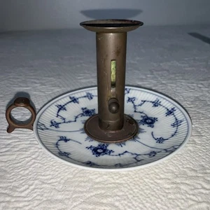 Royal Copenhagen Blue Fluted Candle Holder Brass Porcelain Chamber Stick Vintage - Picture 1 of 5