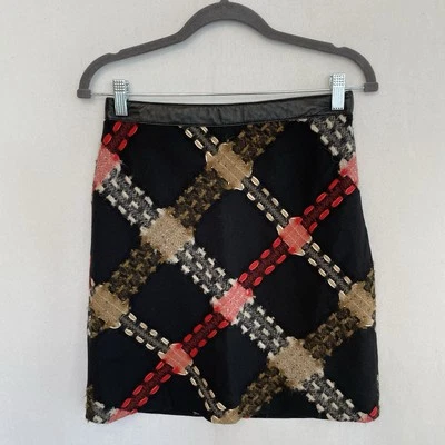 Mini-saia xadrez feminina WORTH tamanho 0 cintura de couro lã - Imagem 1 de 4