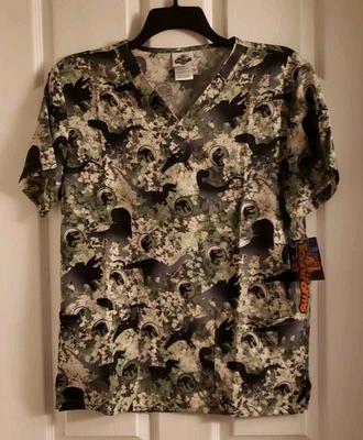 Jurassic World Tooniforms Scrub Top Unisex Vneck Shirt Black Camo Dinosaur Small - Image 1 of 4