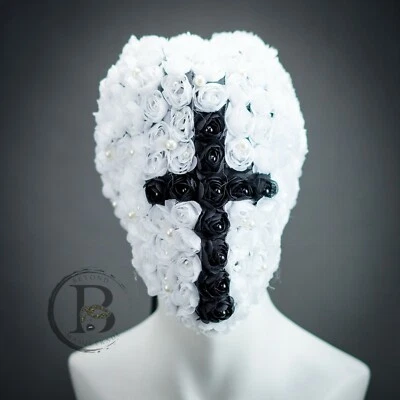 THE MASK FULL FACE MASK COVER MASQUERADE MASK BLACK WHITE ROSES HAUTE - Image 1 of 3