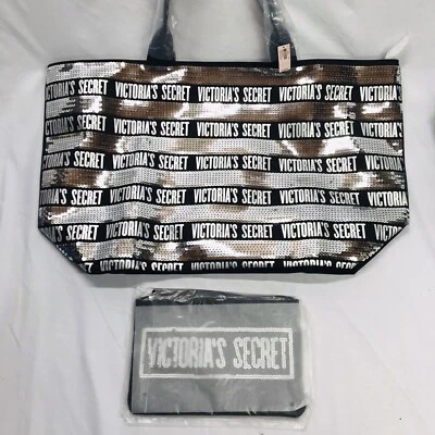 VICTORIA’S SECRET Black Silver Sequin Weekender Tote Bag & Wristlet Makeup Purse - Image 1 of 4