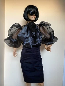 Sheer Transparent Organza Women's Formal Bow Puff Sleeves Blouse Shirt - Picture 1 of 21