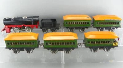 Locomotora de vapor eléctrica de hojalata MARX O de antes de la guerra de 1930 y juego de entrenador Joy Line Foto 1 de 4