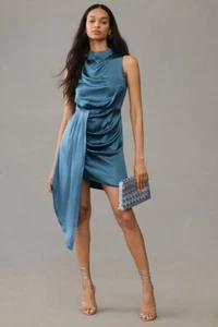 NWD By Anthropologie Mock-Neck Draped Silk Dress Size 8 Slate #GC212 - Picture 1 of 14