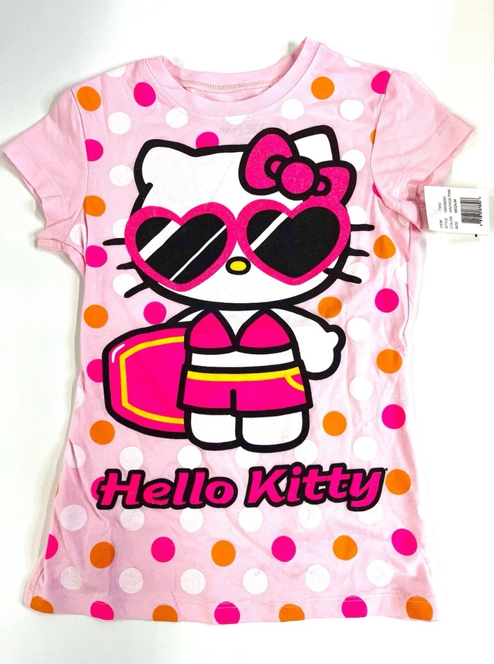 Sanrio Hello Kitty Girls T-Shirt Pink Dots Surfboard Glitter Fine Brand NWT 2013 - Image 1 of 3
