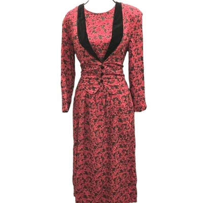 90s VTG Miss Dorby Dress Womens 8P Floral Velvet Collar Long Sleeve -Prairie - Image 1 of 4