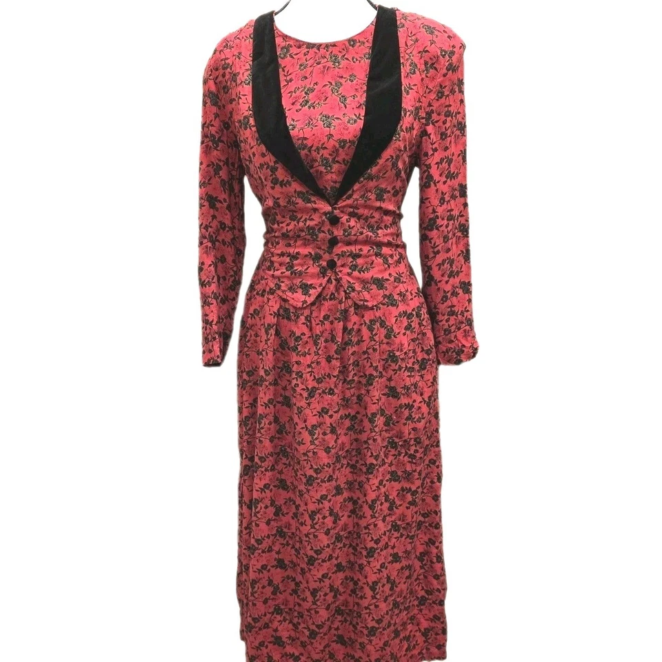 Vestido Miss Dorby Años 90 De Colección Para Mujer 8P Floral Cuello Terciopelo Manga Larga -Pradera Foto 1 de 4