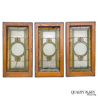 Antique Victorian Green Stained Glass Window Orange Jewel in Wood Frame Set of 3 - Image 1 of 4