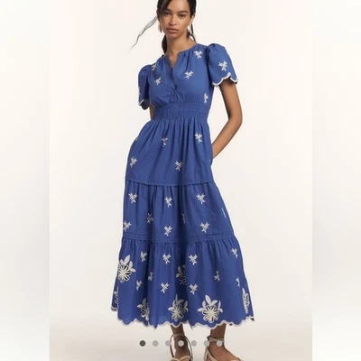 Новый с Ярлыками Anthropologie Сомерсет вышитый макси ярусный платье синий белый размер маленький - Изображение 1 из 4