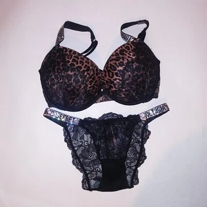 Victoria's Secret BH-Set 32DDD Push Up Small Panty Glanz Träger Leopard Schwarz Neu - Bild 1 von 11