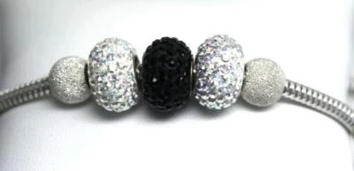 ~MGJ~ Sterling Slide Beads Black & Clear Crystal on 8 in. Snake Chain Bracelet - Image 1 of 4