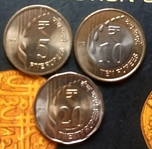 India Republic 2019-20 5, 10& 20 Rupees New Series Unc Coins - Picture 1 of 2
