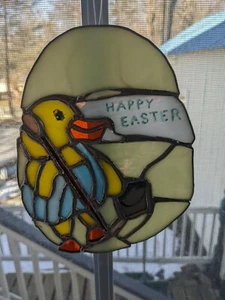 HANDCRAFTED STAINED GLASS SUNCATCHER CHICK PAINTING AN EGG EASTER - Picture 1 of 2