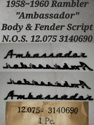 Script cromado "Embajador" AMC Rambler 1958-1960 modelo 80-88 N.O.S. 3140690 Foto 1 de 4