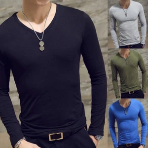 Mens Long Sleeve T-Shirt Casual V Neck Slim Fit Muscle Tops Cotton Basic Blouse - Picture 1 of 17