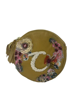 Anthropologie Anna Harlow Russo Mustard Initial C Zipped Pouch BOHO Round - Image 1 of 4