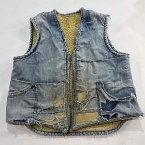Vintage Sherpa gefütterte Jeansweste durchschlagen kein Reißverschluss kein Etikett Hipster Biker Mode - Bild 1 von 5
