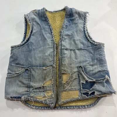 Vtg Sherpa Lined Denim Vest Thrashed No Zipper No Tag Hipster Biker Fashion - Image 1 of 4