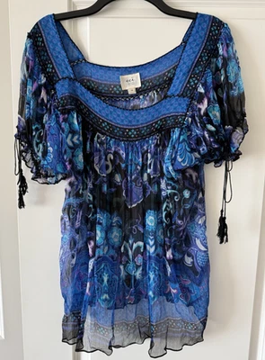 ECI Woman New York Boho Blue Sheer Fairly Goth 2X tassel tied puff sleeve - Image 1 of 4
