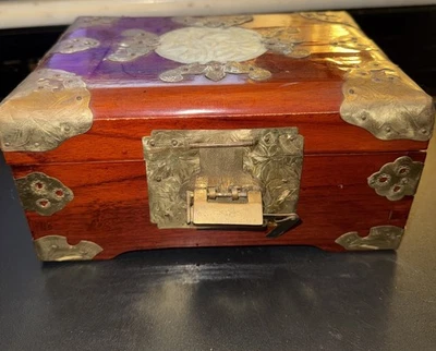 Vintage Shanghai China Wood Brass Jewelry Box Carved Jade Medallion Lock Key - Image 1 of 4