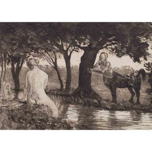 Carl Müller-Baumgarten nudo di donna bagnante centauro simbolismo acquaforte 1900 circa - Foto 1 di 5
