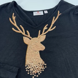 Quacker Factory Christmas Gold Sequined  Reindeer Pullover Sweater Black Sz 1X - Picture 1 of 6