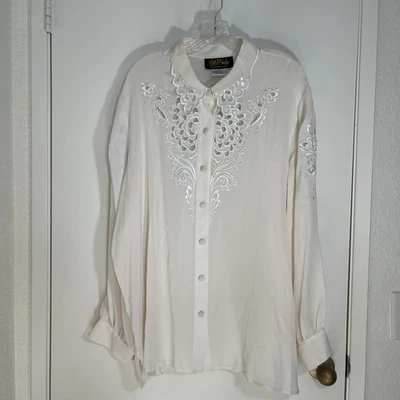 Bob Mackie носимый искусства верхний женщин цветочный вырез 100% шелк кремовый 2 X пуговицы - Изображение 1 из 4