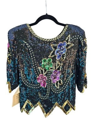 Chanson D'Amour 1980s 100% Silk Sequin Top Vintage Glam Disco Party Cocktail S  - Image 1 of 4
