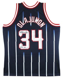 Rockets Hakeem Olajuwon "HOF 08" Signed Navy Blue Mitchell & Ness Jersey BAS Wit - Picture 1 of 5