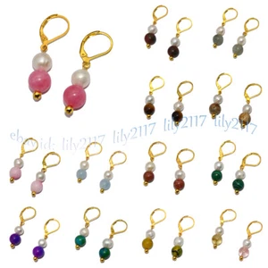 8mm Round Multicolor Gemstone 7-8mm White Pearl Dangle Gold Leverback Earrings - Picture 1 of 72