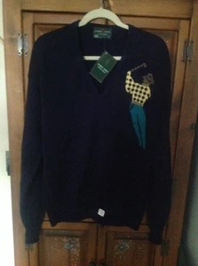 NWT Men's LORD JEFF V-neck Dark Blue Pullover Sweater with Swinging Golfer Sz M - Picture 1 of 4