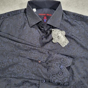 Camisa Paisley Manga Larga Luchiano Visconti Negra Para Hombre Pequeña Azul Marino Sobre Negra - Imagen 1 de 9