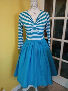 Lindy Bop Sinead Medium Blue/White Stripe Print Swing Dress UK Sz 8-10/US Sz 4-6 - Picture 1 of 16