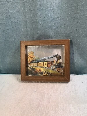Vintage Framed Reflective Foil Art Passenger Train 5x6” Steam Engine - Image 1 of 4
