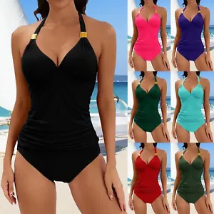 Women Halter Tankini Swimsuit V Neck Tummy Control Two Piece Bathing Suit Summer - Picture 1 of 45