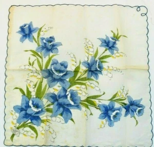 Vintage Mid century modern Handkerchief Blue Iris Floral Pattern Handcolored - Picture 1 of 6