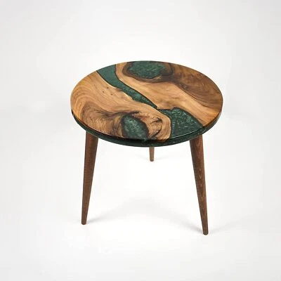 Green Epoxy Resin Live Edge  Wooden Coffee, Side, Center ,End Table With Legs - Image 1 of 4