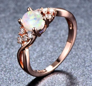 Ocean Sea Island White Fire Opal Rose Gold Plated Silver Band Ring Size 6-10 - Picture 1 of 11
