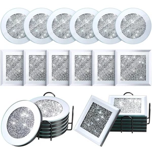 Juego de 14 Posavasos de Cristal con Soporte 2 Soportes Negros 12 Vidrio Espejado Plata... - Imagen 1 de 7