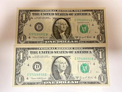 (2) 1969-D $1 Dollar Bills Consecutive Serial #’s - Image 1 of 3