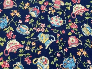 Navy Blue TEACUP Teapot Floral ~ The Kesslers for Concord COTTON Fabric 1 yd - Picture 1 of 6