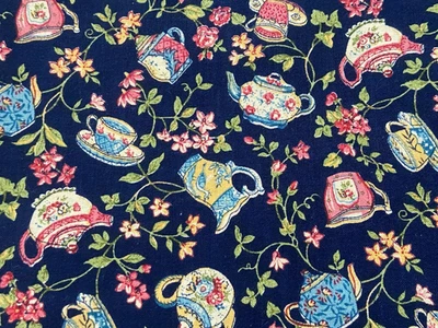 Navy Blue TEACUP Teapot Floral ~ The Kesslers for Concord COTTON Fabric 1 yd - Image 1 of 4
