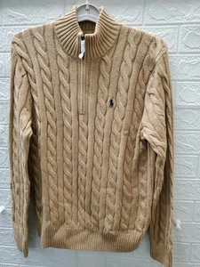 New Polo Ralph Lauren Cable Knit Quarter Zip Wool/Cashmere Sweater Brown Size M - Picture 1 of 8