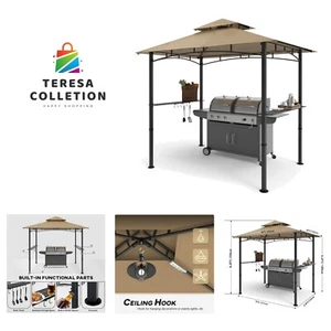 8'x 5' Grill Gazebo Double Tiered Outdoor BBQ Gazebo Canopy with LED Light Khaki - Picture 1 of 9