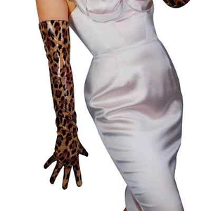 LONG Patent Leather Opera GLOVES Shine Brown Leopard Animal Print Faux LATEX - Picture 1 of 14