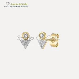 0.06 Ct Real Diamond Triangle Stud Earrings 14k Yellow Gold Fine Jewelry Gift - Picture 1 of 4