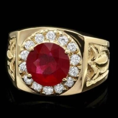 Anillo redondo de diamantes y rubíes rojos naturales GIA Pass para boda de oro amarillo de 14 k Foto 1 de 4