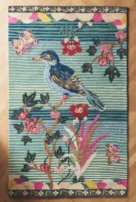 Tapete de pássaro floral feito à mão - Tapete de área de arte moderna azul verde rosa - Imagem 1 de 2